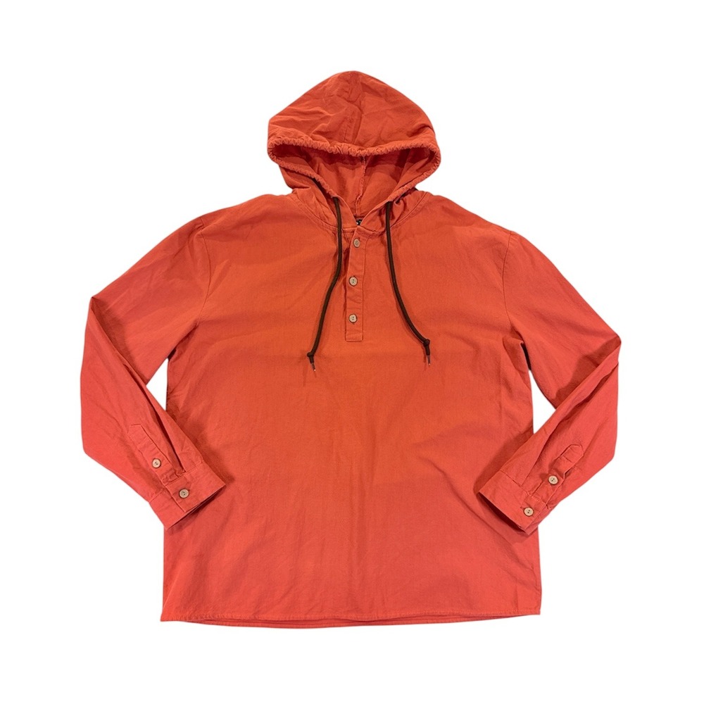 QUKU Hooded Henley Shirt Mens Large Orange Long Sleeve Linen Feel